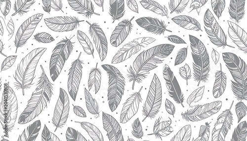 A collection of grayscale feather illustrations on a white background