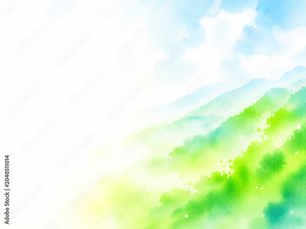Fototapeta premium 夏山をイメージした抽象水彩背景 爽やかな青空と緑の余白デザイン