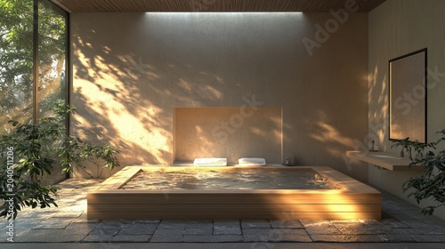 Serene Japanese-style bathroom with a wooden soaking tub and natural light.