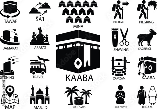Tableau sur toile Black flat and line style Hajj pilgrimage vector icon set, collection and group
