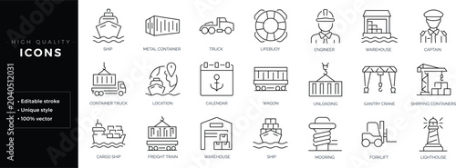 Quadro su tela Set of outline icons related to marine port