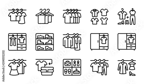 Schilderij op canvas Wardrobe Icons, Clothing Hangers, Closet Organization Vector Set, Fashion Storag