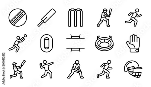 Fényképezés Cricket Icons Set: Sport Vector Graphics for Game, Stadium, and Player Actions