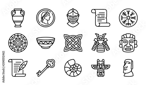 Foto Ancient History Icons: Roman Coin, Samurai Armor, Totem Pole, Scroll, Key, Vase