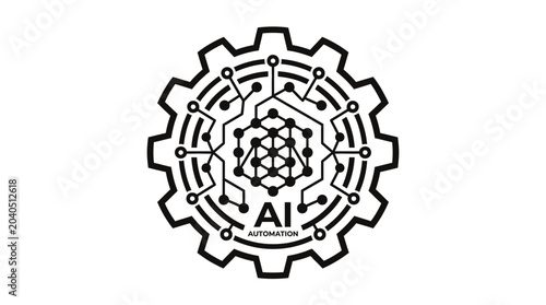 AI Automation Technology Concept Vector Illustration featuring a Cogwheel Gear with Circuit Board Lines and Neural Network Icon