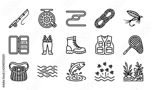 Schilderij op canvas Fly Fishing Icon Set: Rod, Reel, Waders, Lures, Fish, Vector Graphics for Outdoo