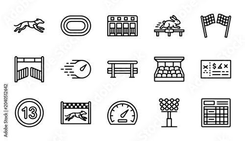 Greyhound Racing Icons Set, Dog Track Sports Vector Graphics, Speed Competition Symbols