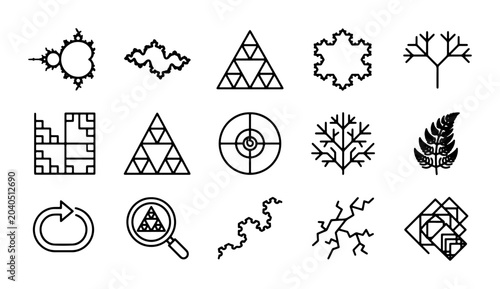 Fotografie Fractal Geometry Icons Set: Mathematical Patterns, Recursive Designs, Abstract S