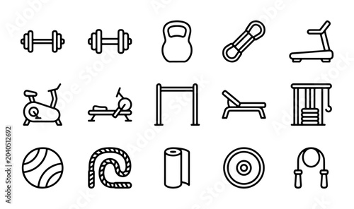 Cuadro en lienzo Fitness Equipment Icons: Dumbbell, Kettlebell, Treadmill, Exercise Bike, Jump Ro