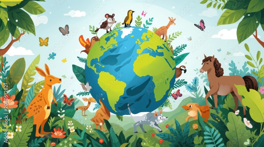 Fototapeta premium Cute cartoon animals around the earth globe in a green forest environment for nature and wildlife design