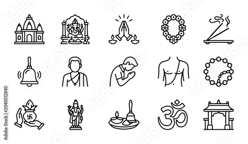 Obraz na płótnie Hinduism Icons Set: Religious Symbols, Deities, Worship, and Temples, Vector Gra