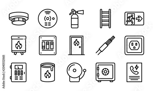 Quadro su tela Fire Safety Icons, Emergency Equipment Vector Set, Security Symbols Collection