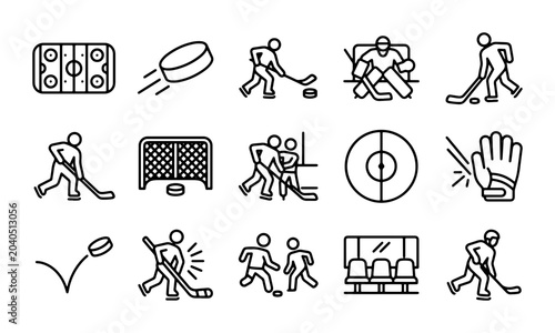 Photography Hockey Icons Set: Ice Rink, Puck, Players, Goalie, Net, Equipment, Game Elements