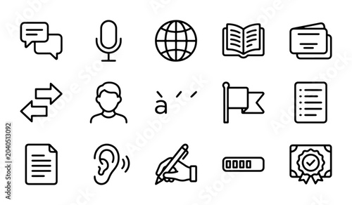 Photos Language Learning Icons Set, Global Communication Symbols, Education & Translati