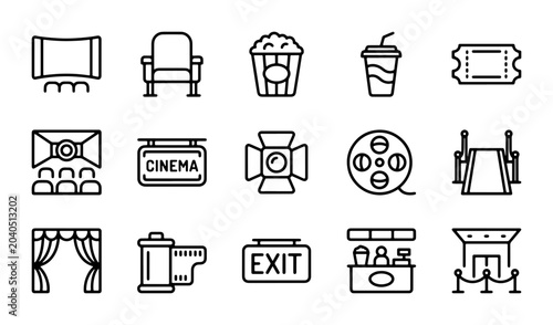 Foto Cinema Icons Vector Set: Movie Theater Elements, Film Reel, Popcorn, Tickets, Ex