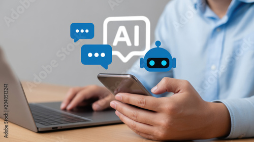 Person using smartphone with ai chatbot icons and laptop on wooden desk in background