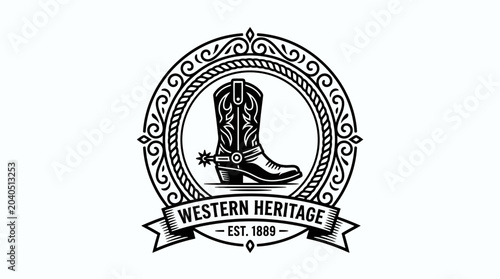 Vintage Western Heritage Emblem Featuring a Cowboy Boot with Spur in Decorative Ornamental Frame