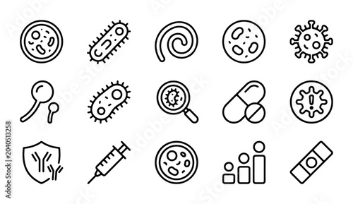 Photos Microbiology Icons Set: Bacteria, Virus, Cells, Medical Science Vector Graphics