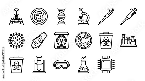 Bild auf Leinwand Microbiology and Science Icons: DNA, Bacteria, Virus, Microscope, Lab Equipment,