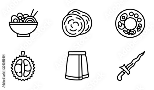 Foto Asian Food Icons, Durian Fruit, Traditional Sarong, Kris Dagger, Vector Set