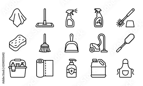 Canvas Print 15 Cleaning Icons Set, Household Supplies Vector Graphics, Hygiene Tools Collect