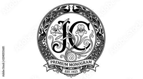 Vintage Ornate Monogram Logo Design with Letters JC Peacocks and Flowers in a Heraldic Circular Frame