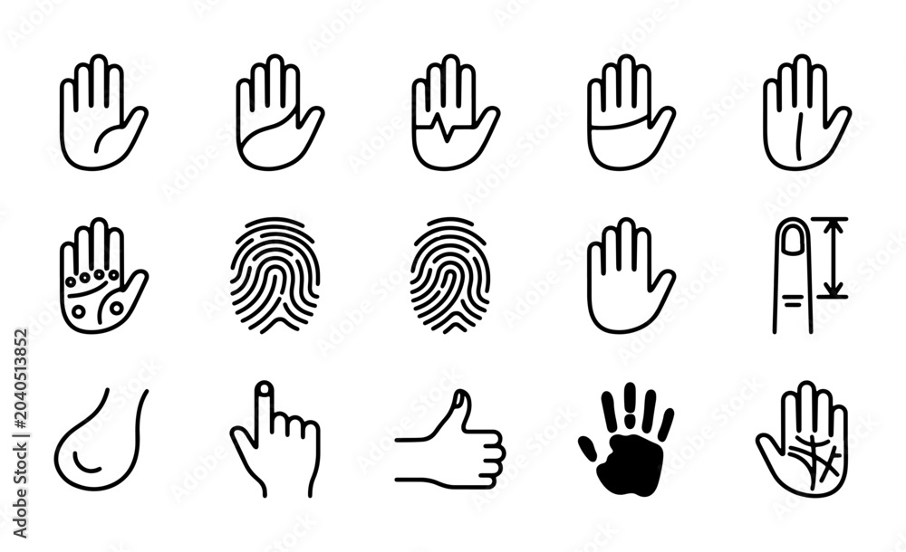 Fototapeta premium Hand Icons Set, Palmistry Lines, Fingerprint, Thumb Up, Vector Graphics for Biometrics and Identity