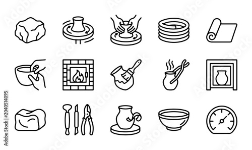 Bild auf Leinwand Pottery Craft Icons, Ceramic Art Tools, Clay Making Process, Kiln Firing, 15 Vec