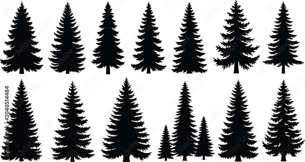 Obraz premium Pine and Spruce Tree Silhouette Vector Icon Set Featuring Evergreen Conifer Forest Elements for Winter Holidays, Christmas, and Outdoor Nature Landscape Designs