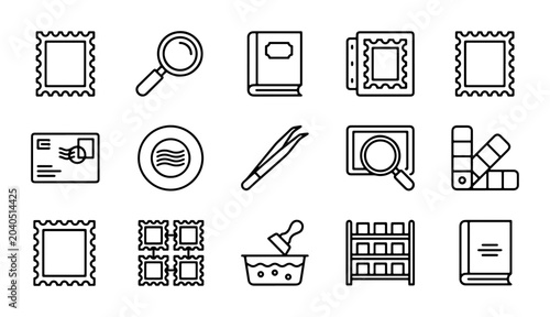Konstfotografi Philately Icons Set: Stamp Collecting Tools, Magnifier, Book, Color Swatch, 15 V