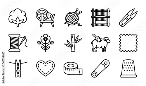 Bild auf Leinwand Textile Craft Icons: Cotton, Spinning Wheel, Yarn, Loom, Scissors, Sewing, Sheep