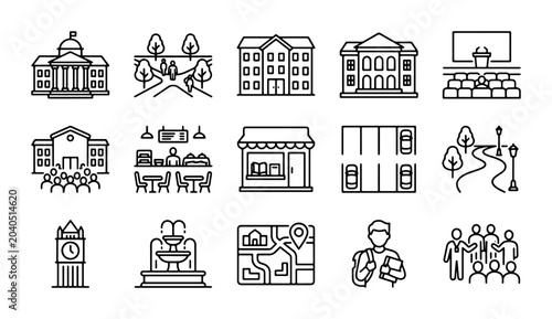 City Buildings and Public Spaces Icons, Urban Architecture and Landmarks Collection