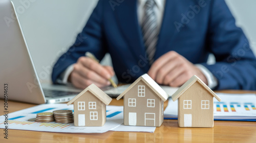 Businessman analyzing real estate investment with miniature houses and financial charts on a desk
