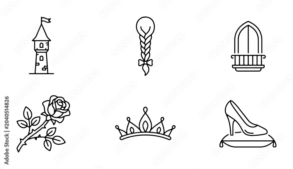 Fototapeta premium Fairytale Icons: Castle Tower, Braided Hair, Balcony Window, Rose, Crown, Glass Slipper