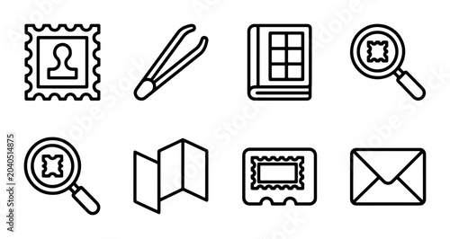 Konstfotografi Stamp Collecting Icons, Philately Tools, Mail & Magnifying Glass Vector Set