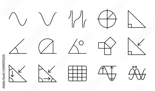 Foto Math Icons Set, Geometric Shapes, Trigonometry Symbols, Waveforms, Grid Vector G