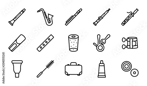 Bild auf Leinwand Woodwind Instrument Icons Set: Clarinet, Saxophone, Flute, Bassoon Accessories,