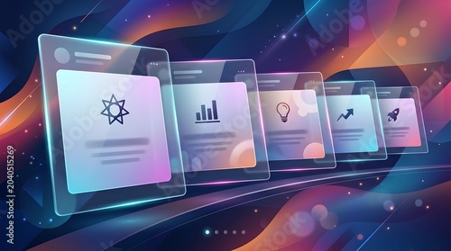 A futuristic digital illustration of holographic screens with various business icons