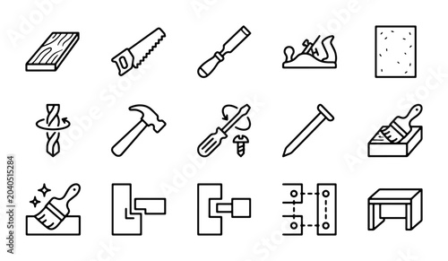 Woodworking Tools Icons Set, Carpentry Handcraft Equipment, DIY Crafting Supplies, Vector Graphics