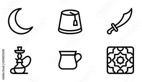 Foto Islamic Culture Icons: Crescent Moon, Fez Hat, Scimitar, Hookah, Pitcher, Geomet