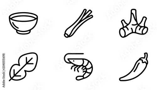 Thai Tom Yum Soup Ingredients Icons, Asian Cuisine Vector Set, Culinary Food Elements