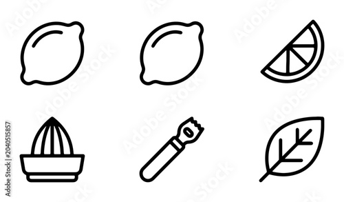 Cuadro en lienzo Citrus Icons: Lemon, Lime, Zester, Juicer, Leaf Vector Set for Food and Drink Gr