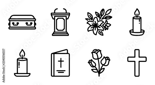 Fotografija Funeral Icons Set: Coffin, Cross, Flowers, Candles, Podium, Bible, Grief Symbols