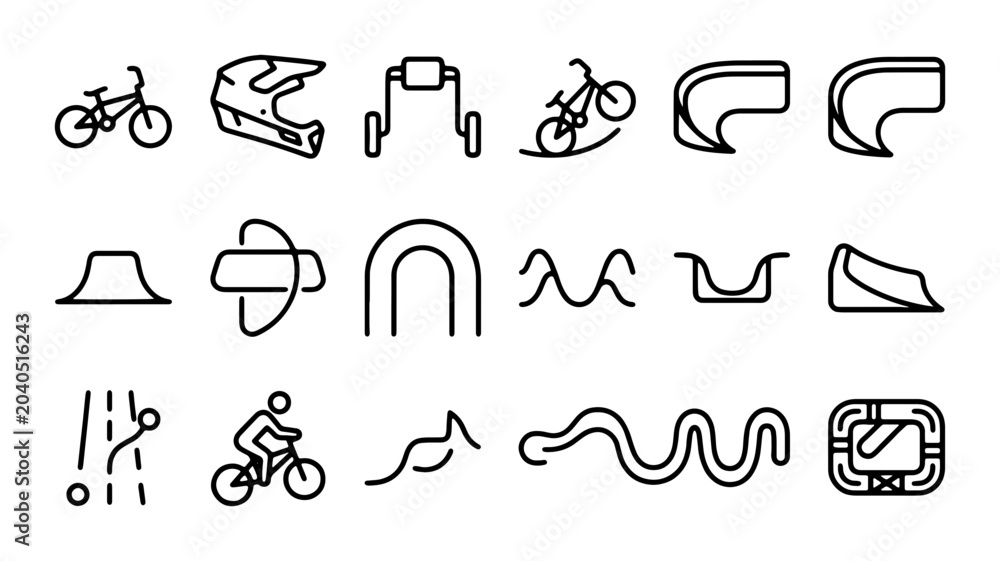 Fototapeta premium BMX Bike Park Elements, Bicycle Helmets, Ramps, Jumps, and Tracks Vector Icons Set