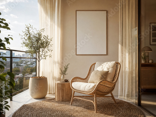 Vertical frame mockup for wall art display in stylish apartment balcony above rattan lounge chair with warm afternoon sunlight and copy space
