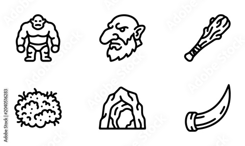 Fotografia Fantasy Creature Icons: Troll, Goblin, Cave, Club, Horn, Bush Vector Set