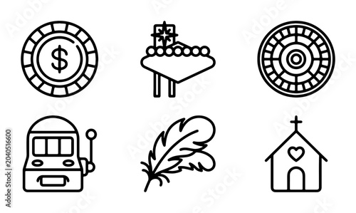 Photography Casino Icons Set: Chip, Slot Machine, Roulette, Las Vegas Sign, Feather, Church,