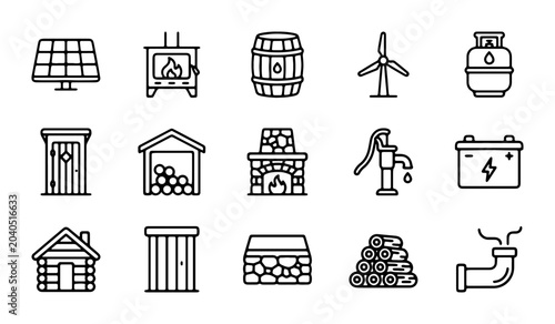 Tableau sur toile Rural Living Icons: Solar Panel, Wood Stove, Barrel, Wind Turbine, Gas Tank, Out