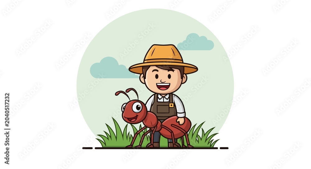Obraz premium Cartoon Farmer Boy with Giant Ant Friend in Field