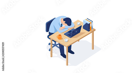 Overworked Businessman Sleeping at Desk, Exhausted Employee Feeling Burnt Out, Isometric Vector Illustration of Mental Stress in Office